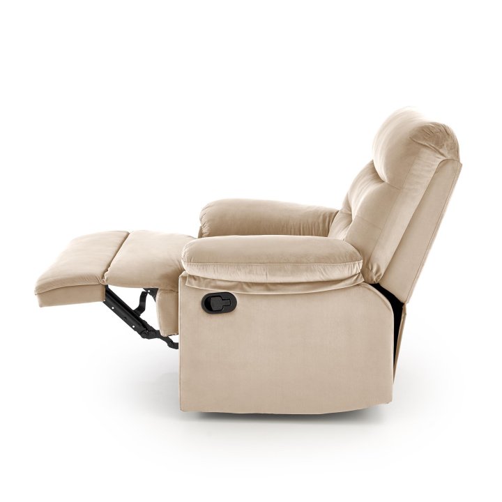 Rozkładany Fotel do salonu w beżowej miękkiej tkaninie typu velvet, funkcja relax