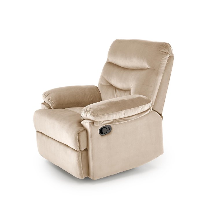 Rozkładany Fotel do salonu w beżowej miękkiej tkaninie typu velvet, funkcja relax