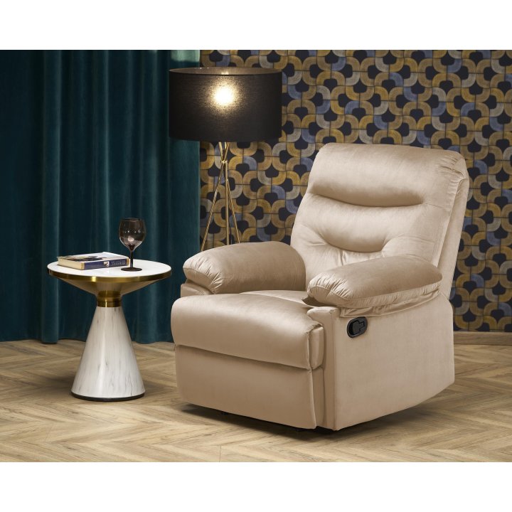 Rozkładany Fotel do salonu w beżowej miękkiej tkaninie typu velvet, funkcja relax