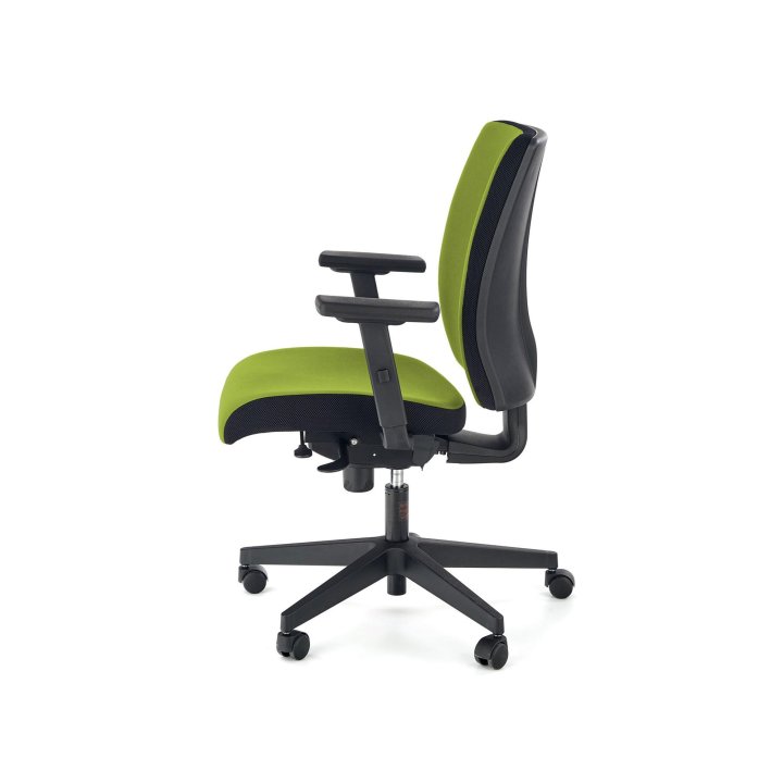 Fotel do biurka obrotowy, kolor zielony z czarnym, wysuwane siedzisko i regulowane podłokietniki