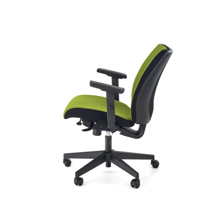 Fotel do biurka obrotowy, kolor zielony z czarnym, wysuwane siedzisko i regulowane podłokietniki