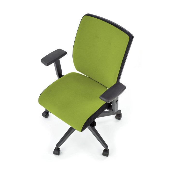 Fotel do biurka obrotowy, kolor zielony z czarnym, wysuwane siedzisko i regulowane podłokietniki