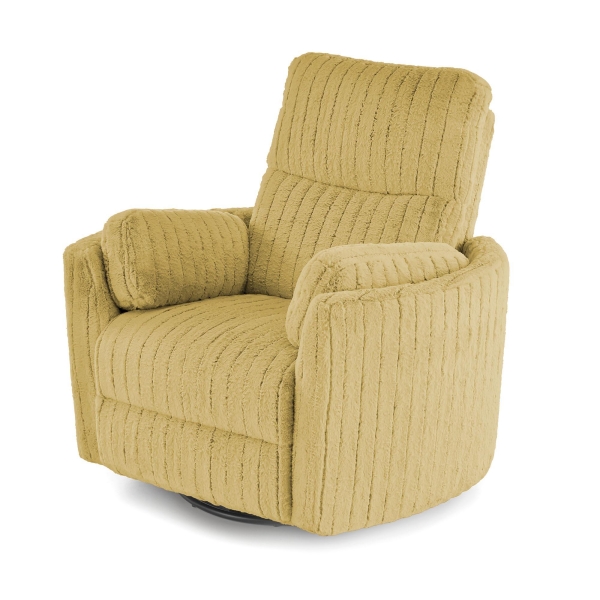 Żółty fotel obrotowy 360°, bujany i rozkładany elektrycznie, z prążkowaną tapicerką, miękkimi podłokietnikami i wysuwanym podnóżkiem