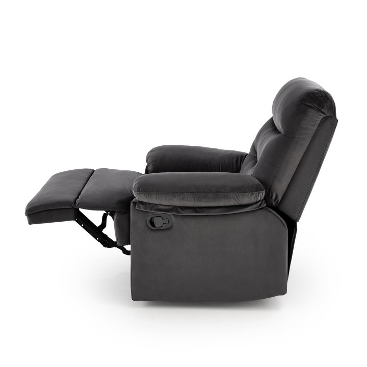 Rozkładany Fotel do salonu w czarnej miękkiej tkaninie typu velvet, funkcja relax