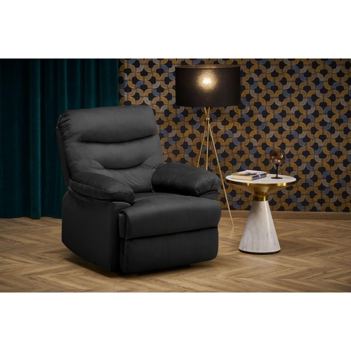 Rozkładany Fotel do salonu w czarnej miękkiej tkaninie typu velvet, funkcja relax