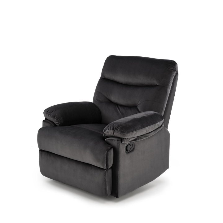 Rozkładany Fotel do salonu w czarnej miękkiej tkaninie typu velvet, funkcja relax