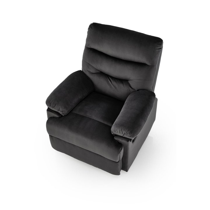 Rozkładany Fotel do salonu w czarnej miękkiej tkaninie typu velvet, funkcja relax