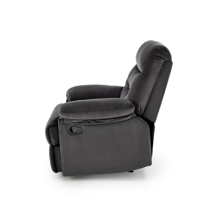 Rozkładany Fotel do salonu w czarnej miękkiej tkaninie typu velvet, funkcja relax