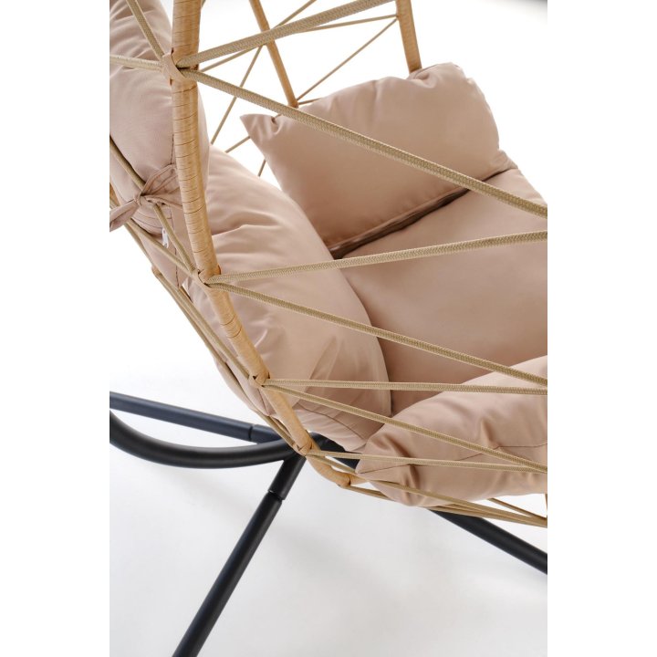Fotel ogrodowy nowoczesny, rattan syntetyczny, tkanina, kolor beżowy, stelaż metalowy czarny