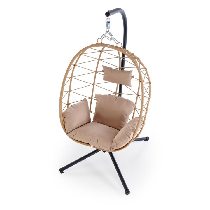 Fotel ogrodowy nowoczesny, rattan syntetyczny, tkanina, kolor beżowy, stelaż metalowy czarny