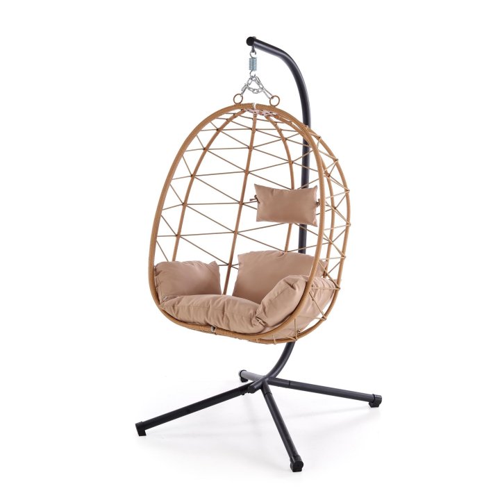 Fotel ogrodowy nowoczesny, rattan syntetyczny, tkanina, kolor beżowy, stelaż metalowy czarny