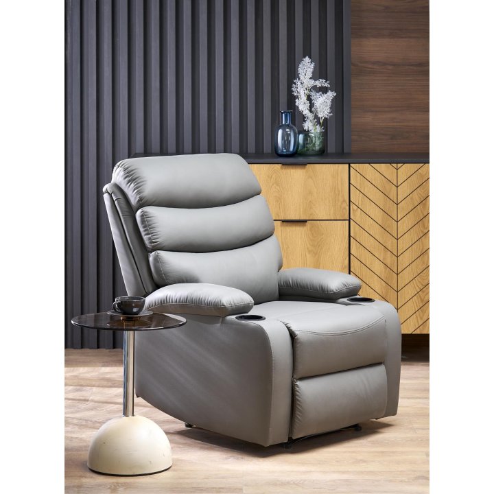 Fotel do salonu klasyczny, funkcja relax i funkcja schowka, kolor popielaty, eko skóra