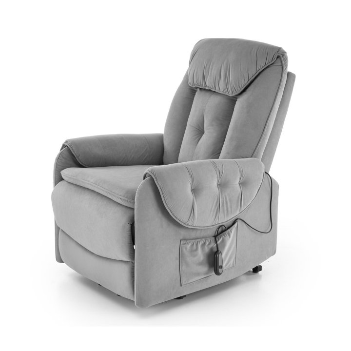 Fotel do salonu, rozkładany, funkcja relax i pionizacji kolor popielaty z miękkimi podłokietnikami, tkanina MAVEL, tkanina velvet