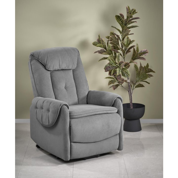 Fotel do salonu, rozkładany, funkcja relax i pionizacji kolor popielaty z miękkimi podłokietnikami, tkanina MAVEL, tkanina velvet