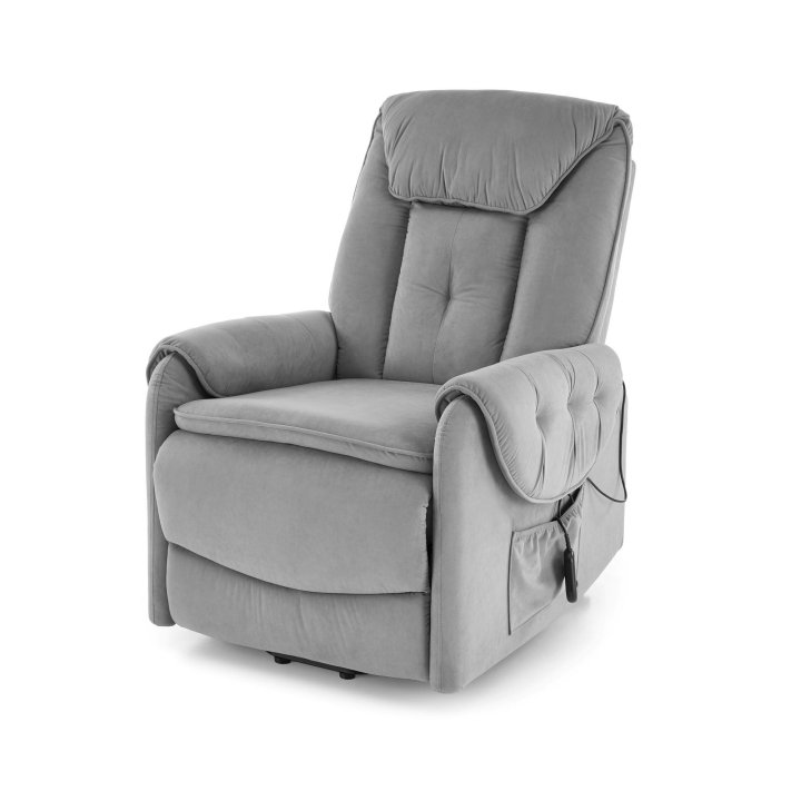 Fotel do salonu, rozkładany, funkcja relax i pionizacji kolor popielaty z miękkimi podłokietnikami, tkanina MAVEL, tkanina velvet