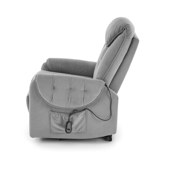 Fotel do salonu, rozkładany, funkcja relax i pionizacji kolor popielaty z miękkimi podłokietnikami, tkanina MAVEL, tkanina velvet