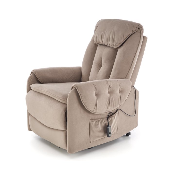 Fotel do salonu, rozkładany, funkcja relax i pionizacji kolor beżowy z miękkimi podłokietnikami, tkanina MAVEL, tkanina velvet