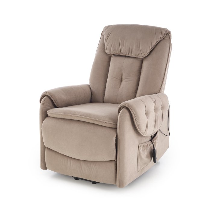 Fotel do salonu, rozkładany, funkcja relax i pionizacji kolor beżowy z miękkimi podłokietnikami, tkanina MAVEL, tkanina velvet
