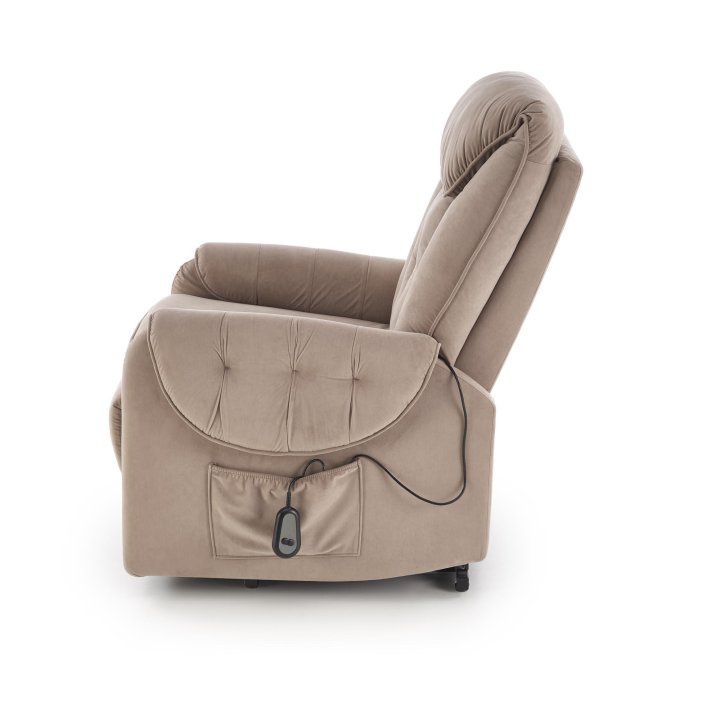 Fotel do salonu, rozkładany, funkcja relax i pionizacji kolor beżowy z miękkimi podłokietnikami, tkanina MAVEL, tkanina velvet