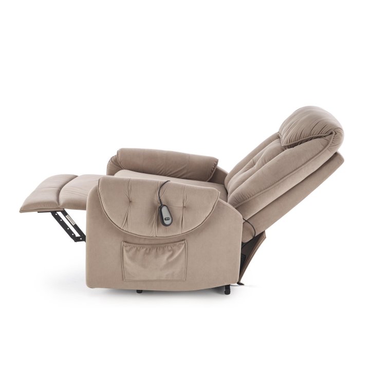 Fotel do salonu, rozkładany, funkcja relax i pionizacji kolor beżowy z miękkimi podłokietnikami, tkanina MAVEL, tkanina velvet