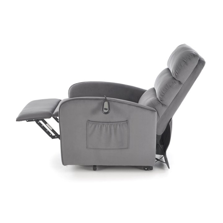 Fotel do salonu, klasyczny, kolor popielaty, rozkładany, tkanina velvet, funkcja relax i pionizacji