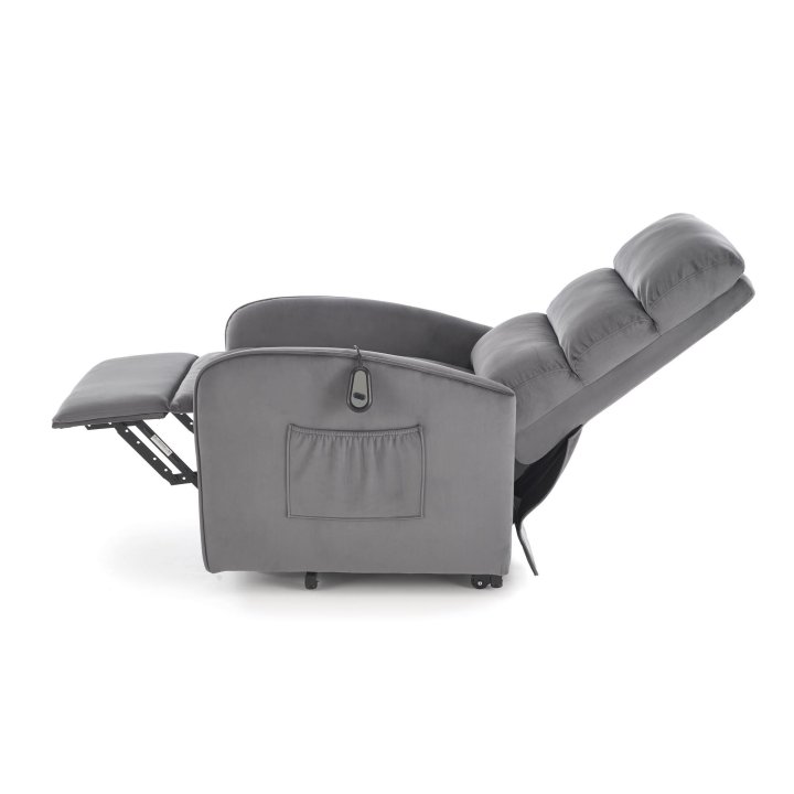 Fotel do salonu, klasyczny, kolor popielaty, rozkładany, tkanina velvet, funkcja relax i pionizacji