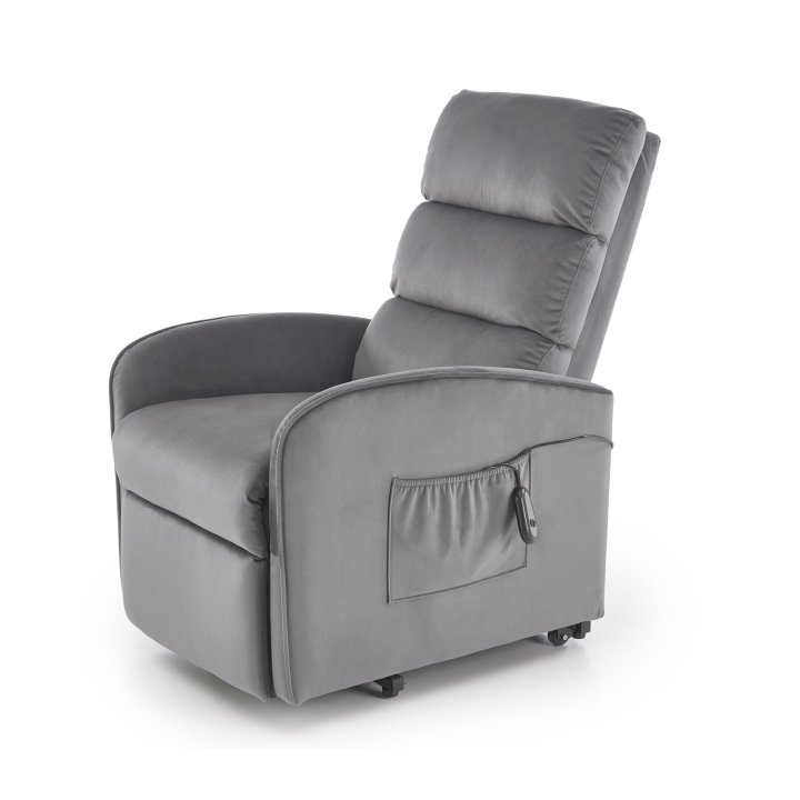 Fotel do salonu, klasyczny, kolor popielaty, rozkładany, tkanina velvet, funkcja relax i pionizacji