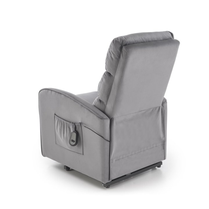 Fotel do salonu, klasyczny, kolor popielaty, rozkładany, tkanina velvet, funkcja relax i pionizacji