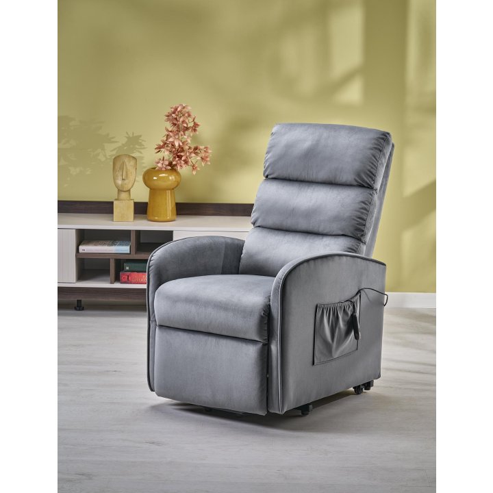 Fotel do salonu, klasyczny, kolor popielaty, rozkładany, tkanina velvet, funkcja relax i pionizacji