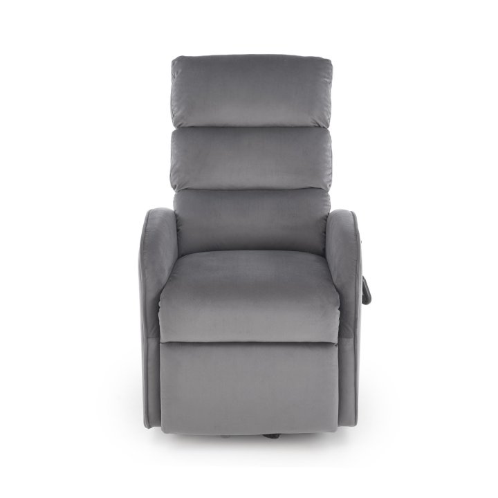 Fotel do salonu, klasyczny, kolor popielaty, rozkładany, tkanina velvet, funkcja relax i pionizacji