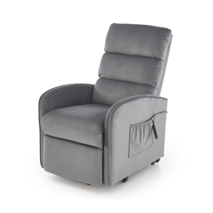 Fotel do salonu, klasyczny, kolor popielaty, rozkładany, tkanina velvet, funkcja relax i pionizacji