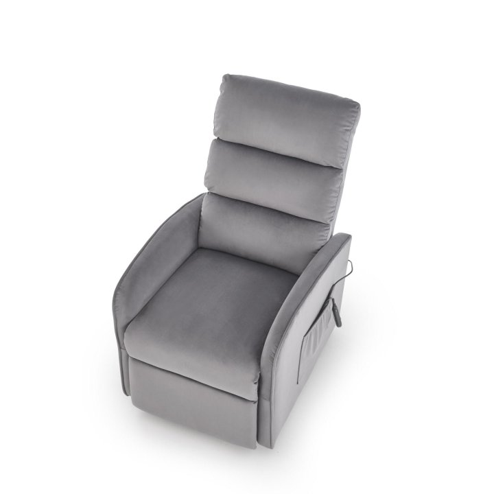 Fotel do salonu, klasyczny, kolor popielaty, rozkładany, tkanina velvet, funkcja relax i pionizacji