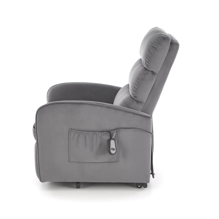 Fotel do salonu, klasyczny, kolor popielaty, rozkładany, tkanina velvet, funkcja relax i pionizacji