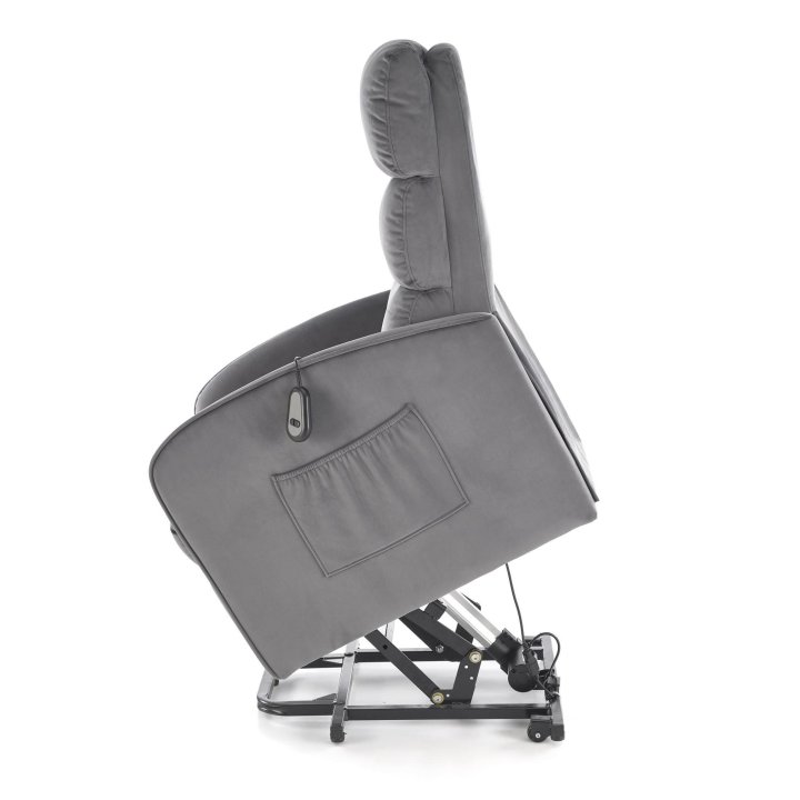 Fotel do salonu, klasyczny, kolor popielaty, rozkładany, tkanina velvet, funkcja relax i pionizacji