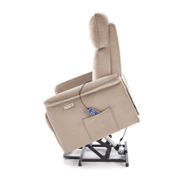 Fotel do salonu z funkcją masażu i pionizacji, kolor beżowy, tkanina velvet