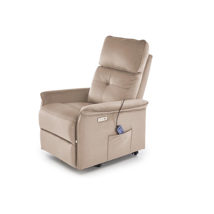 Fotel do salonu z funkcją masażu i pionizacji, kolor beżowy, tkanina velvet