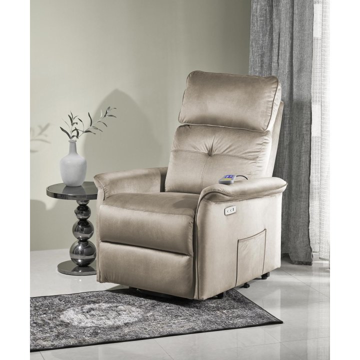 Fotel do salonu z funkcją masażu i pionizacji, kolor beżowy, tkanina velvet