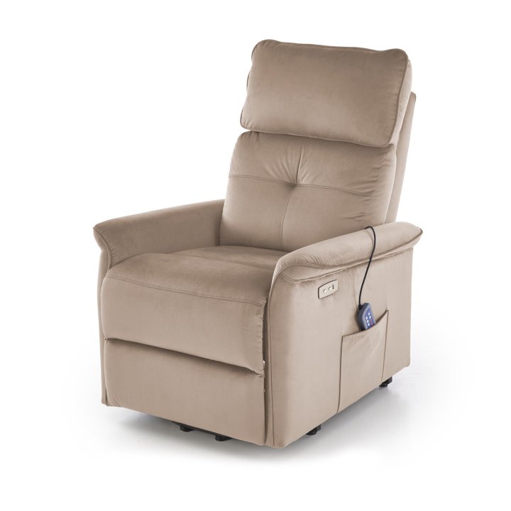 Fotel do salonu z funkcją masażu i pionizacji, kolor beżowy, tkanina velvet