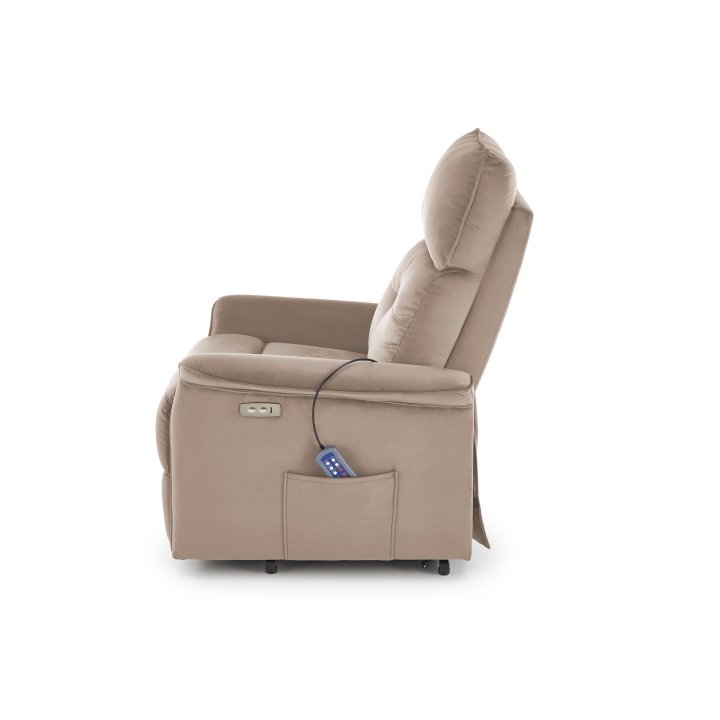 Fotel do salonu z funkcją masażu i pionizacji, kolor beżowy, tkanina velvet