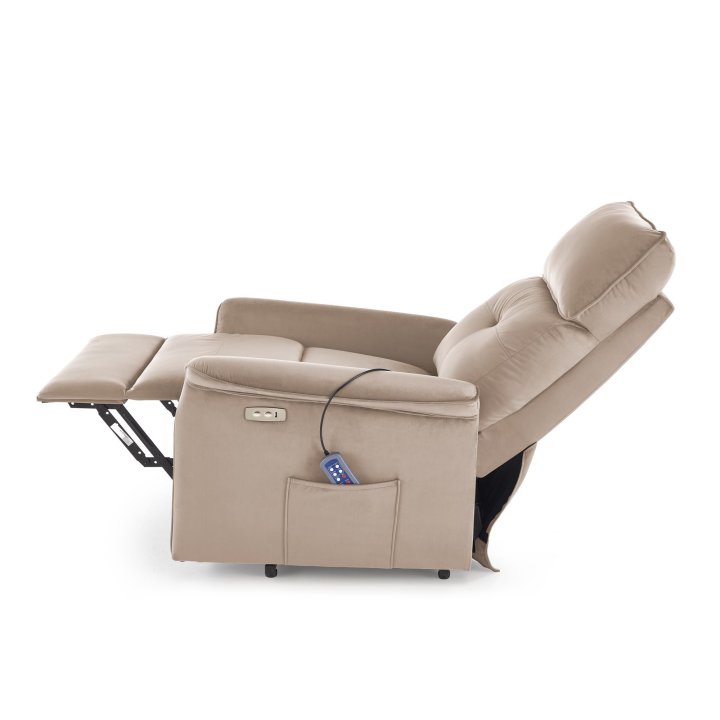 Fotel do salonu z funkcją masażu i pionizacji, kolor beżowy, tkanina velvet