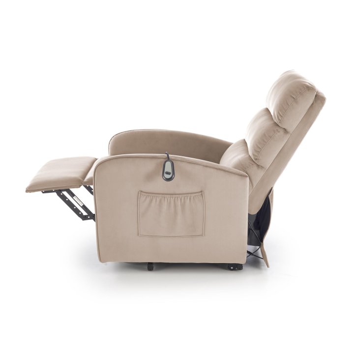 Fotel do salonu, klasyczny, kolor beżowy, rozkładany, tkanina velvet, funkcja relax i pionizacji