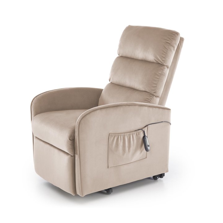 Fotel do salonu, klasyczny, kolor beżowy, rozkładany, tkanina velvet, funkcja relax i pionizacji