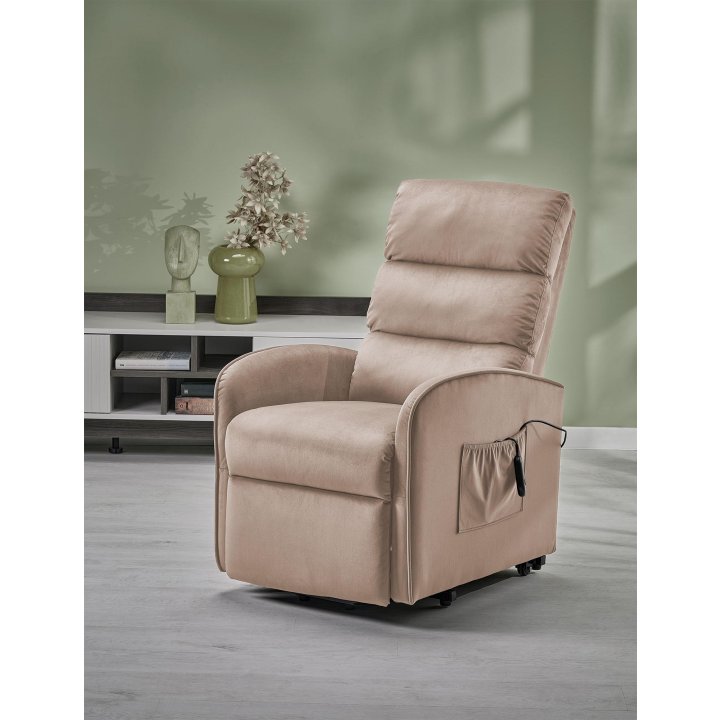 Fotel do salonu, klasyczny, kolor beżowy, rozkładany, tkanina velvet, funkcja relax i pionizacji