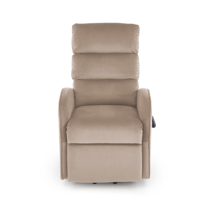 Fotel do salonu, klasyczny, kolor beżowy, rozkładany, tkanina velvet, funkcja relax i pionizacji
