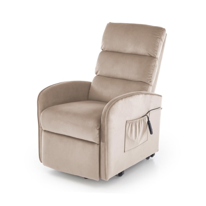 Fotel do salonu, klasyczny, kolor beżowy, rozkładany, tkanina velvet, funkcja relax i pionizacji