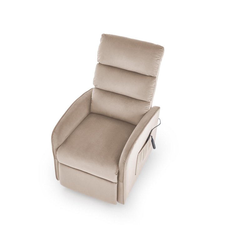 Fotel do salonu, klasyczny, kolor beżowy, rozkładany, tkanina velvet, funkcja relax i pionizacji