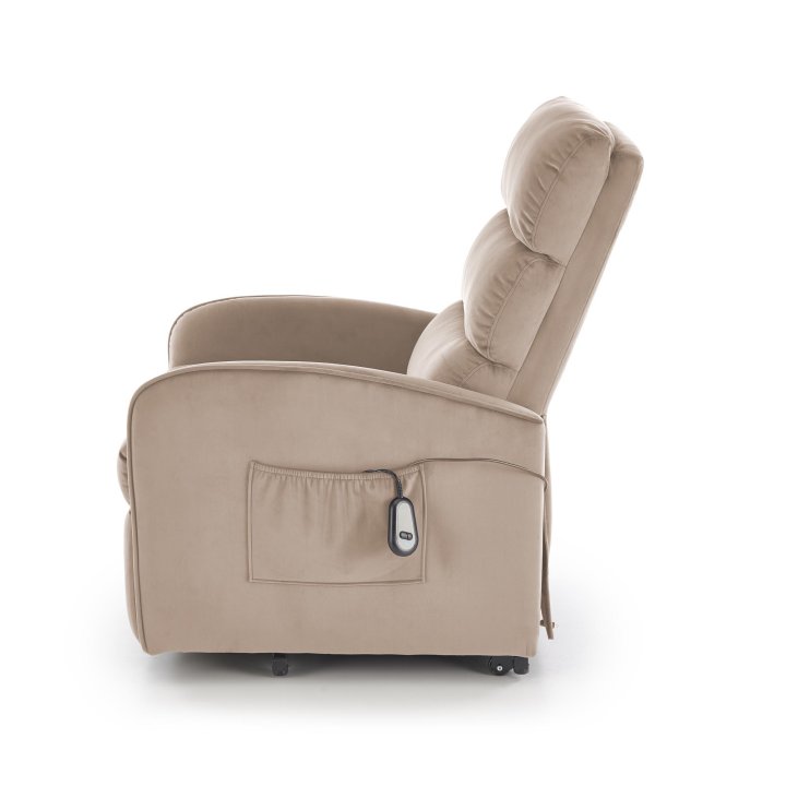 Fotel do salonu, klasyczny, kolor beżowy, rozkładany, tkanina velvet, funkcja relax i pionizacji