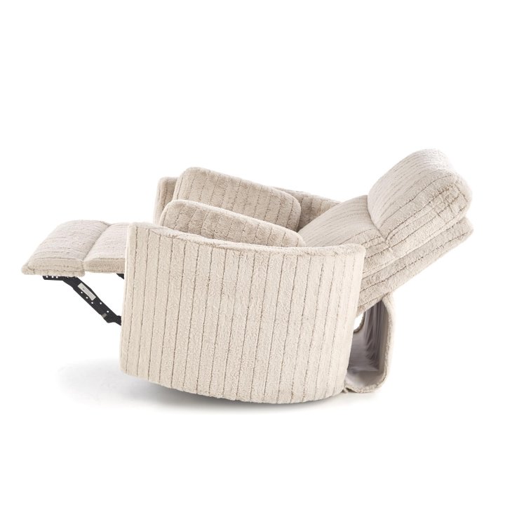 Fotel do salonu rozkładany kolor beżowy, szeroki, oparcie i siedzisko z przeszyciami, funkcja relax