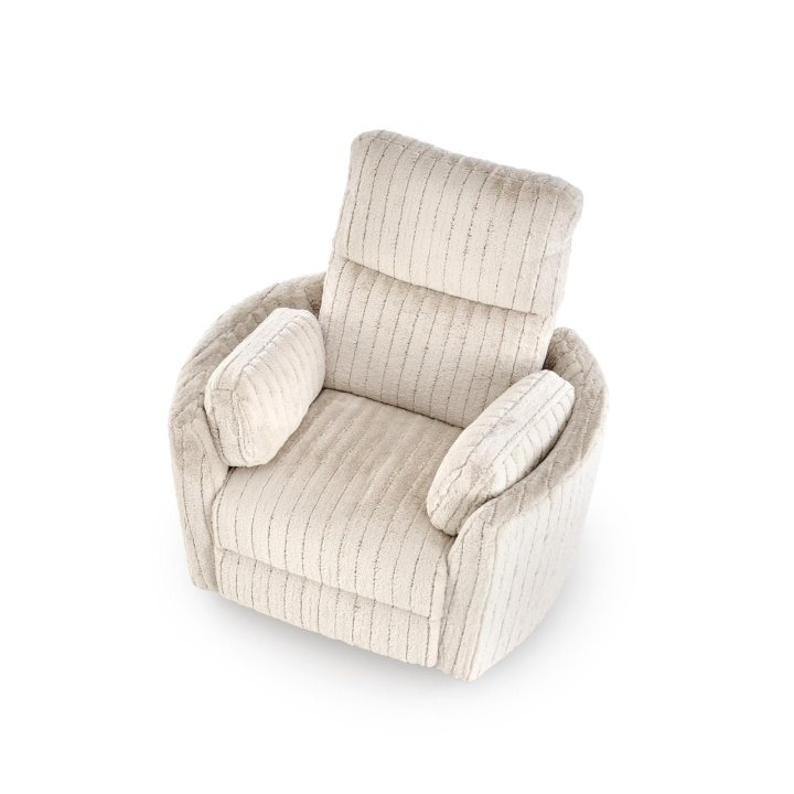 Fotel do salonu rozkładany kolor beżowy, szeroki, oparcie i siedzisko z przeszyciami, funkcja relax