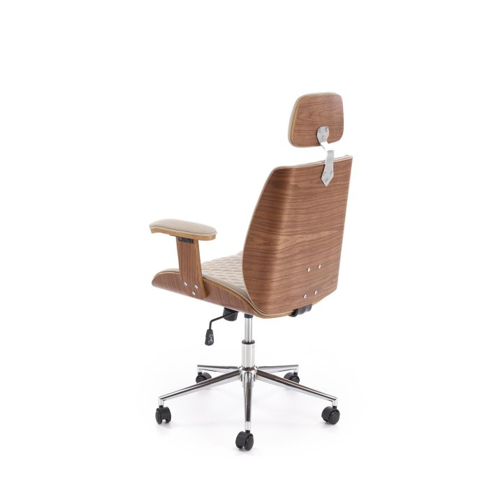 Fotel gabinetowy obrotowy klasyczny nowoczesny, kolor beżowy, orzechowy, eko skóra, sklejka gięta, kółka kauczukowe